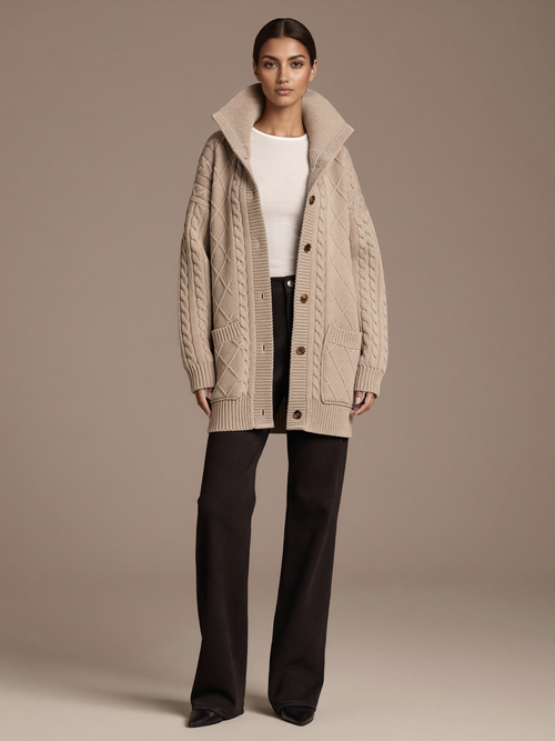 Women's Cotton Cardigan worn by model, oversized funnel collar, front view