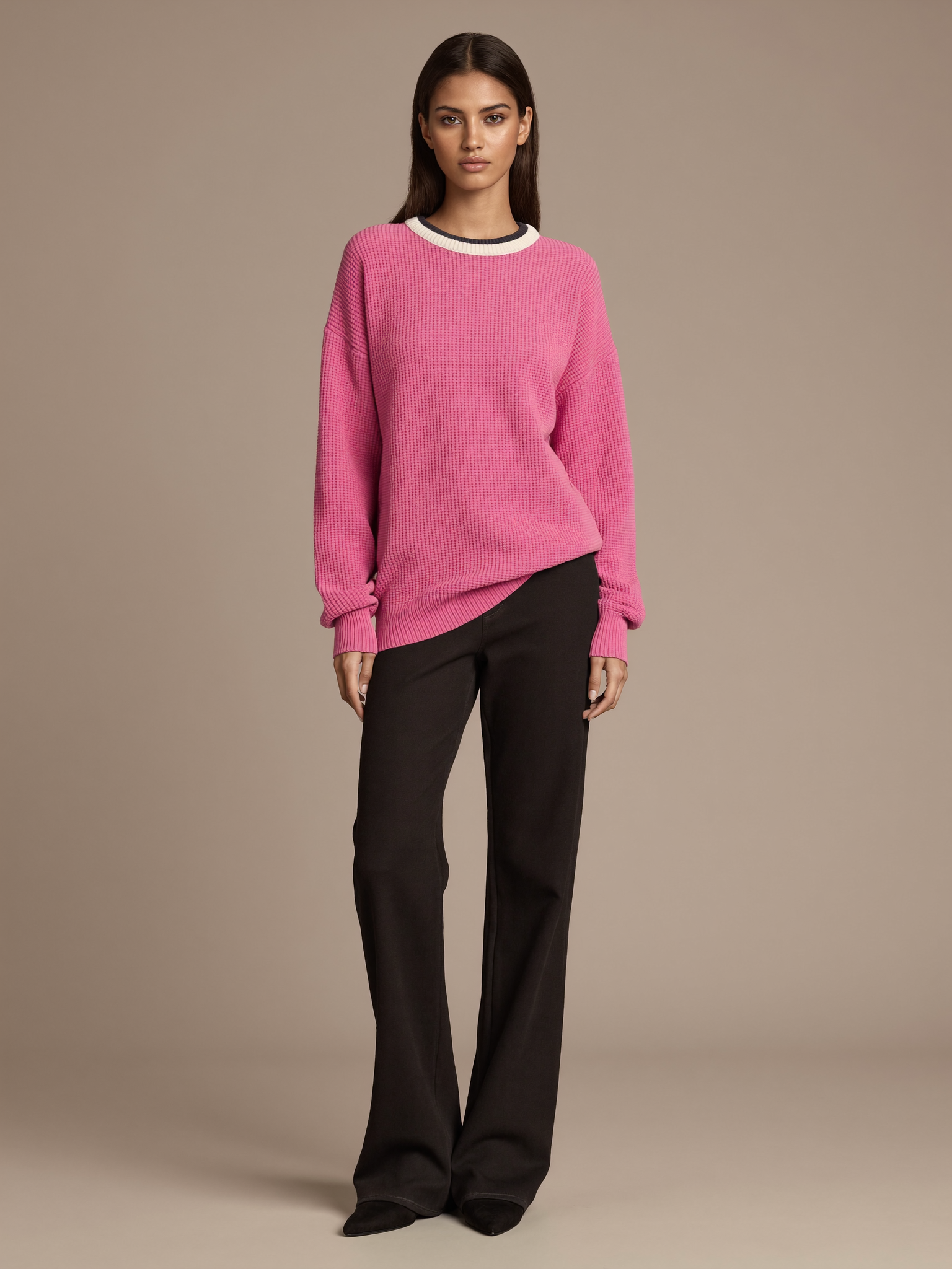 Women's Textured Sweater worn by model, waffle knit texture, front view