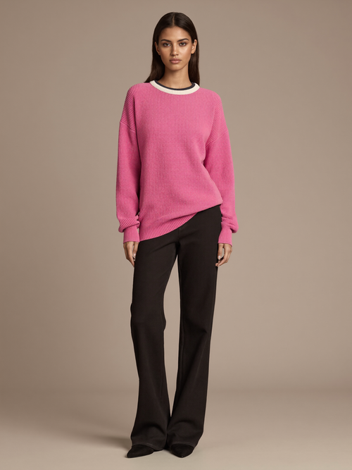 Women's Textured Sweater worn by model, waffle knit texture, front view