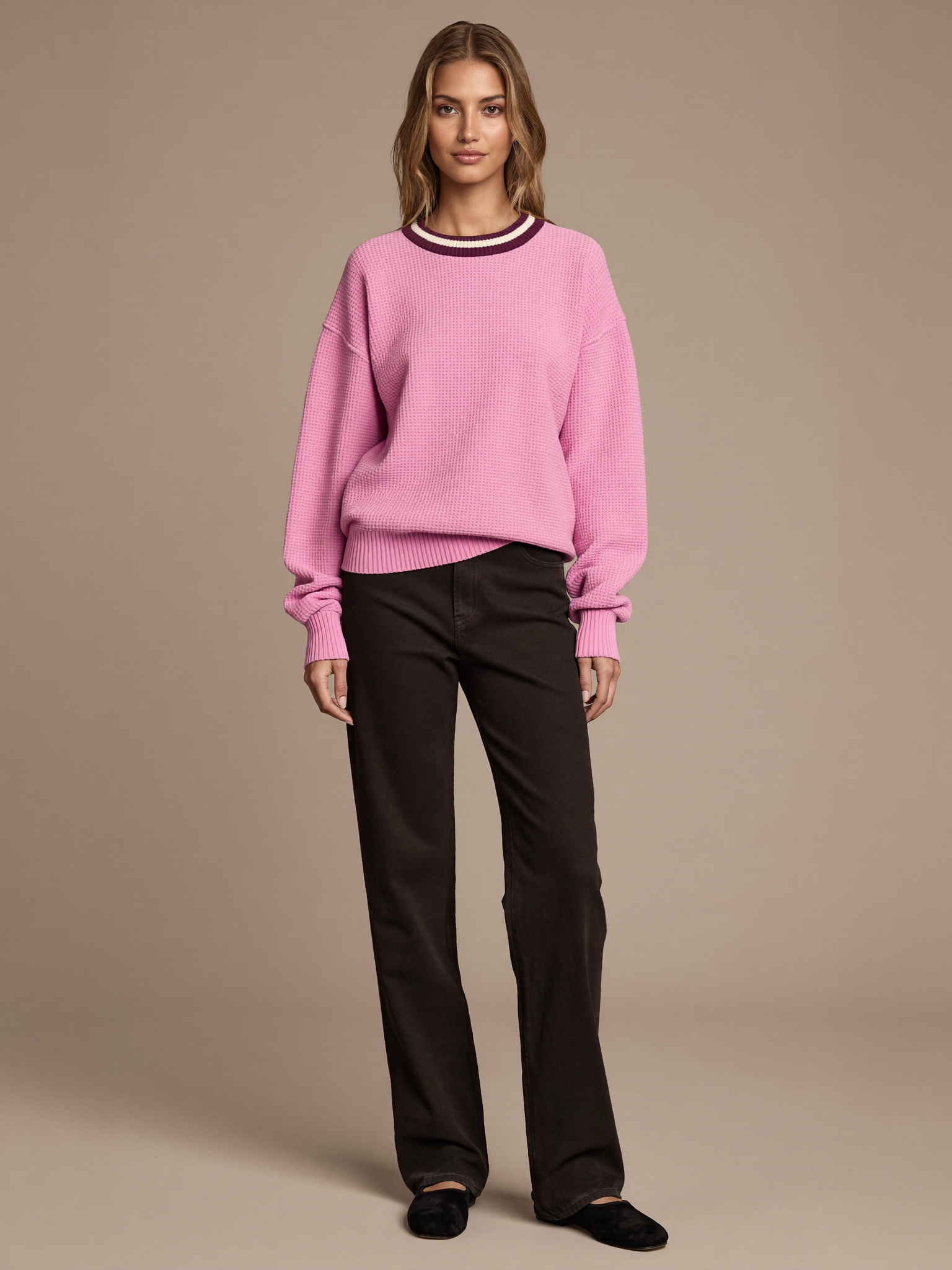 Women's Textured Sweater worn by model, waffle knit texture, front view