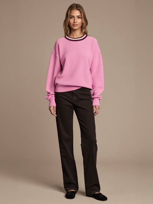 Women's Textured Sweater worn by model, waffle knit texture, front view