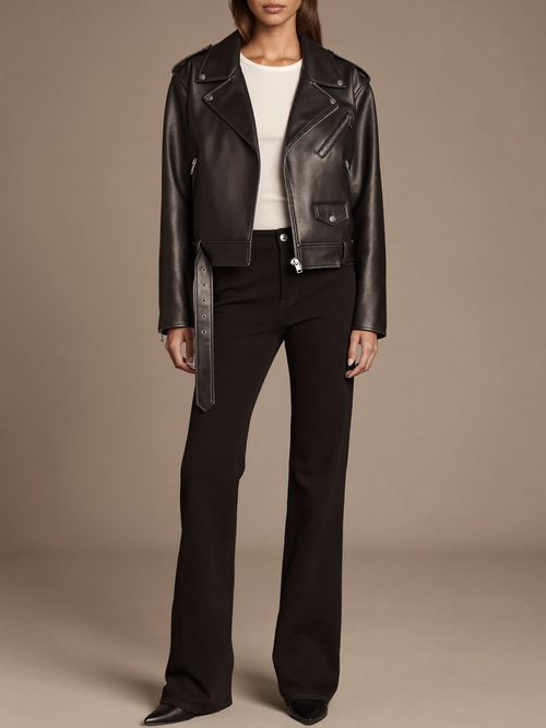 Women's Cropped Biker Jacket worn by model, cropped length with belted hem, front view