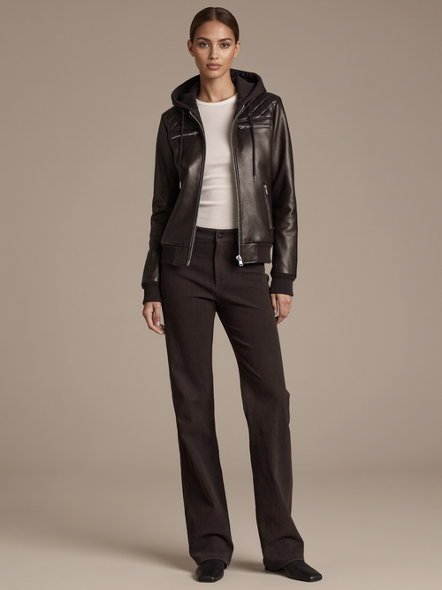 Women's Faux Leather Jacket worn by model, attached drawstring hood, front view