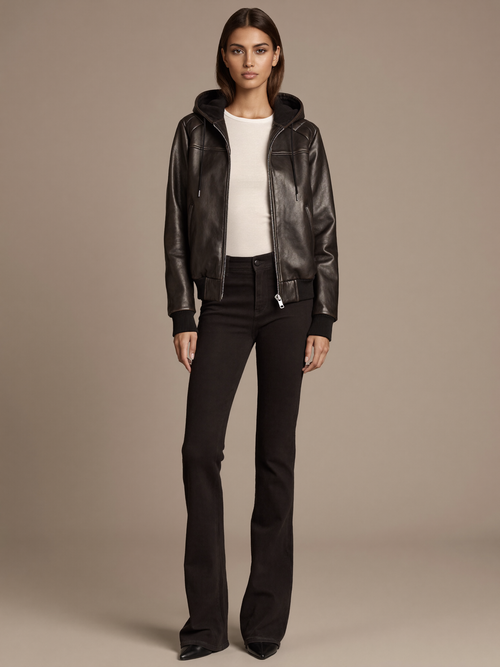 Women's Faux Leather Jacket worn by model, attached drawstring hood, front view