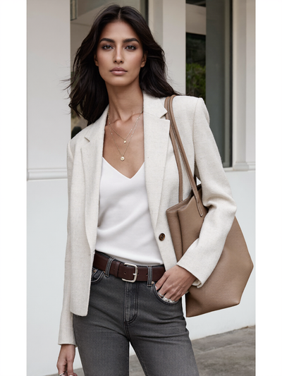 Woman in a cream tweed blazer and white camisole with layered gold necklaces