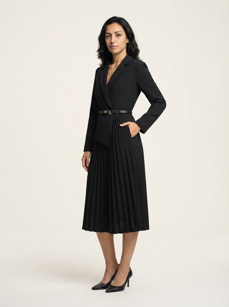 Blazer Midi Dress – Pleated Belted – Women's Tailored Workwear Australia