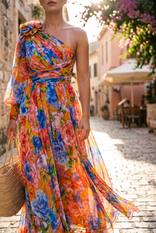 Valentina One-Shoulder Maxi Dress | Women's Floral Resort Gown in Orange