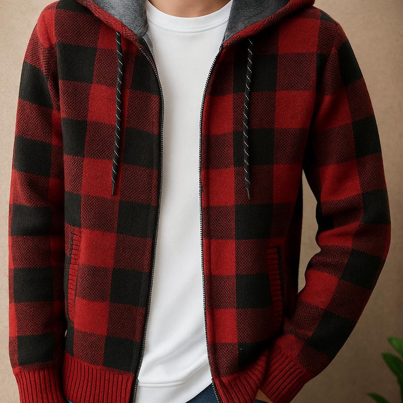 Hooded Jacket – Cotton Blend Check Pattern – Relaxed Fit – Men's Winter Outerwear Australia
