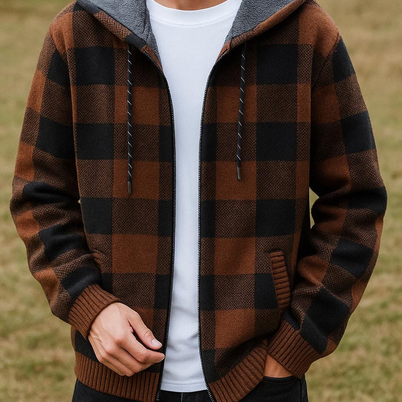 Hooded Jacket – Cotton Blend Check Pattern – Relaxed Fit – Men's Winter Outerwear Australia