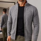 Men’s Zip-Up Cardigan – Check Pattern Lined Design in Grey