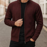 Men’s Zip-Up Cardigan – Check Pattern Lined Design in Wine Red