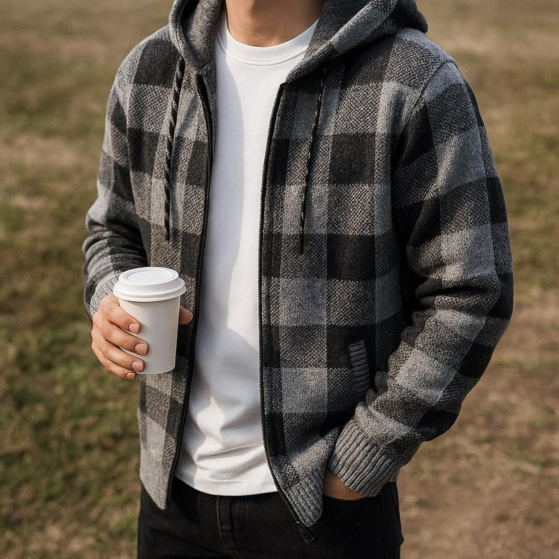 Hooded Jacket – Cotton Blend Check Pattern – Relaxed Fit – Men's Winter Outerwear Australia