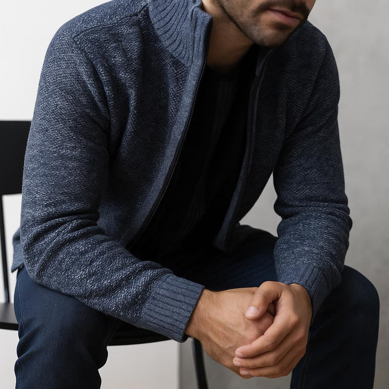 Men’s Zip-Up Cardigan – Check Pattern Lined Design