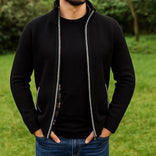 Men’s Zip-Up Cardigan – Check Pattern Lined Design in Black