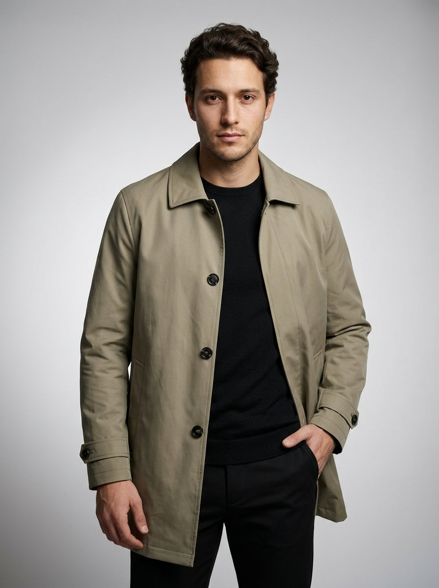 Men's Flat Collar Button Through Mid Length Trench Coat