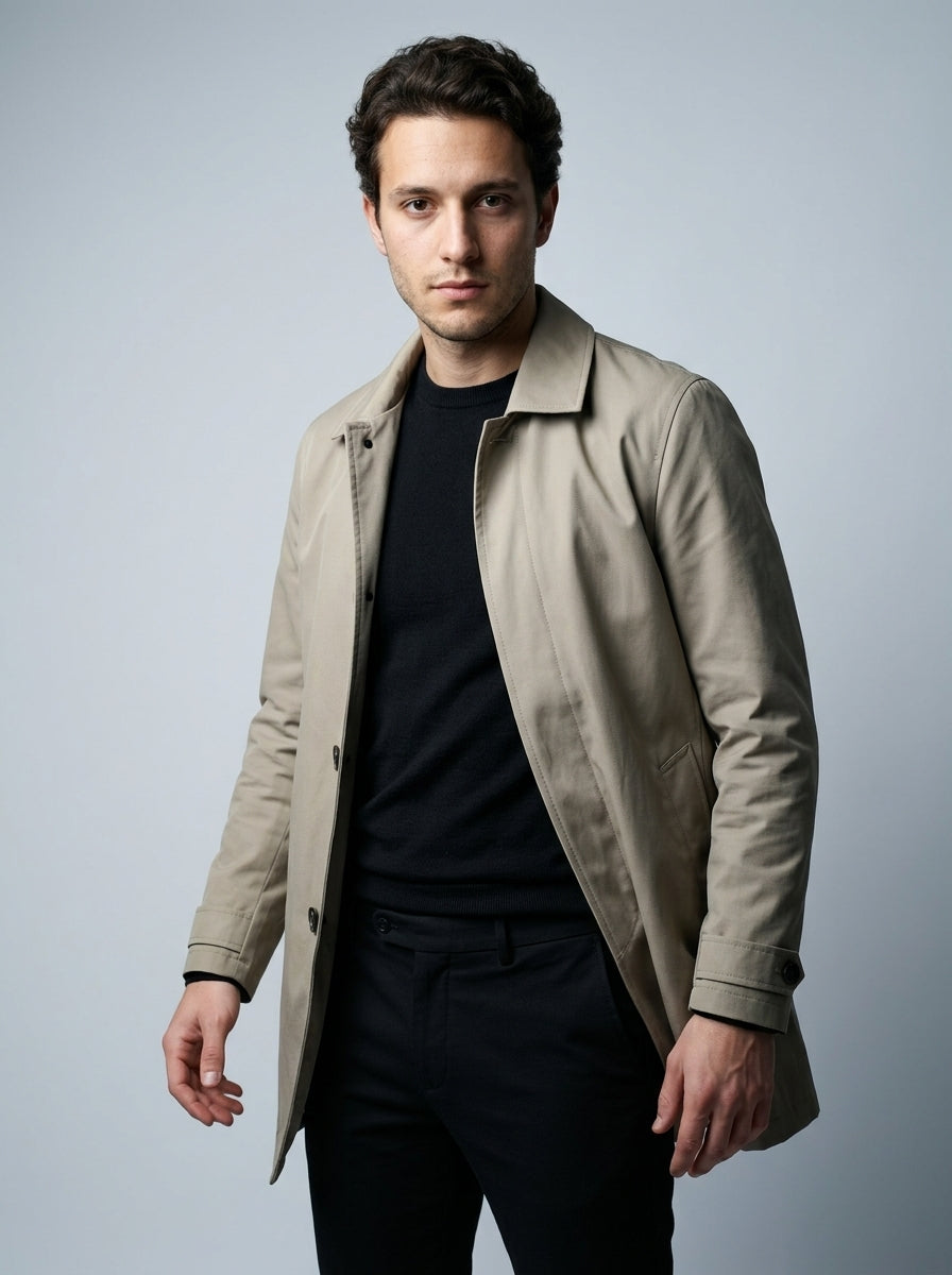 Men's Flat Collar Button Through Mid Length Trench Coat