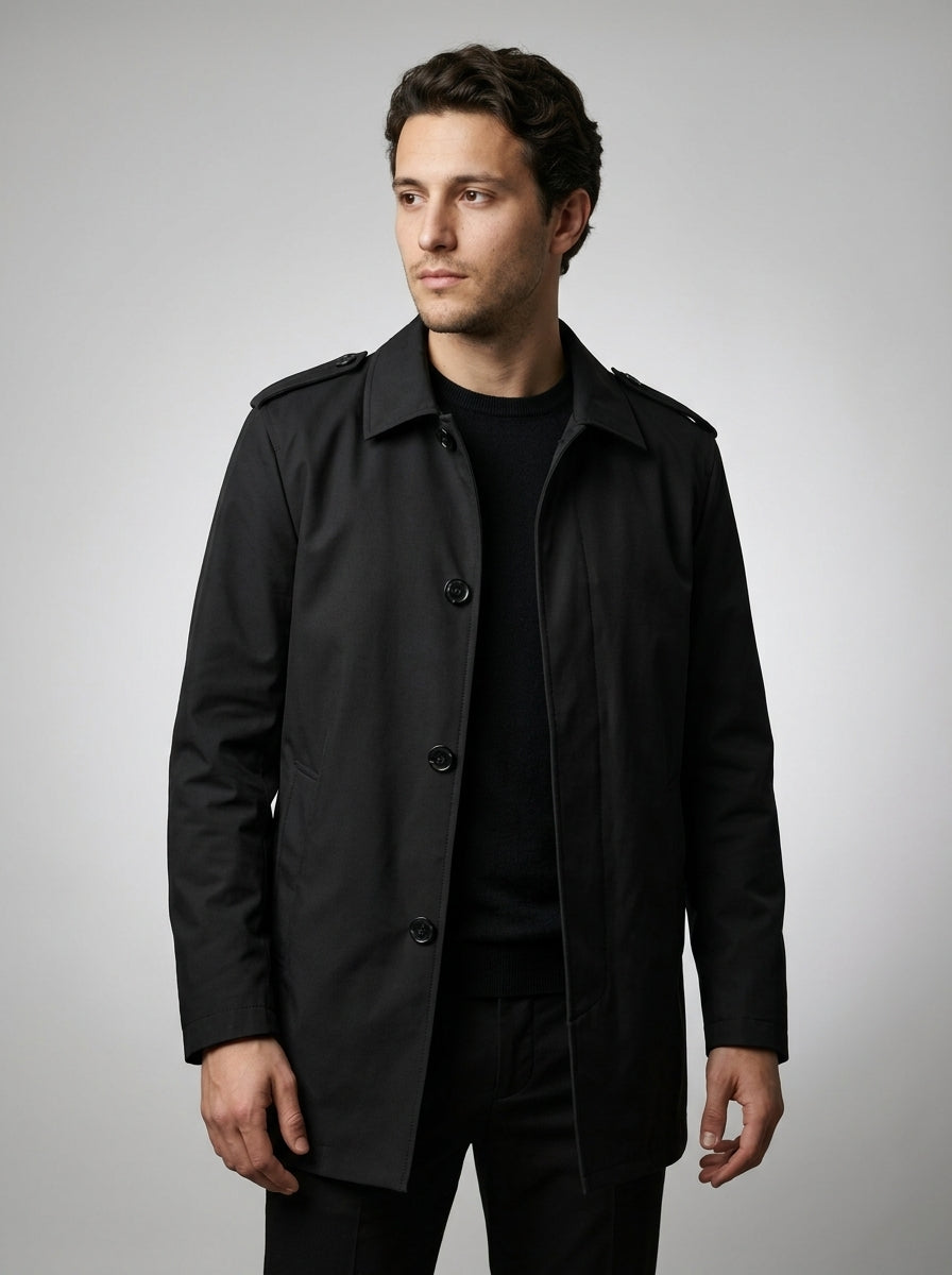 Men's Flat Collar Button Through Mid Length Trench Coat
