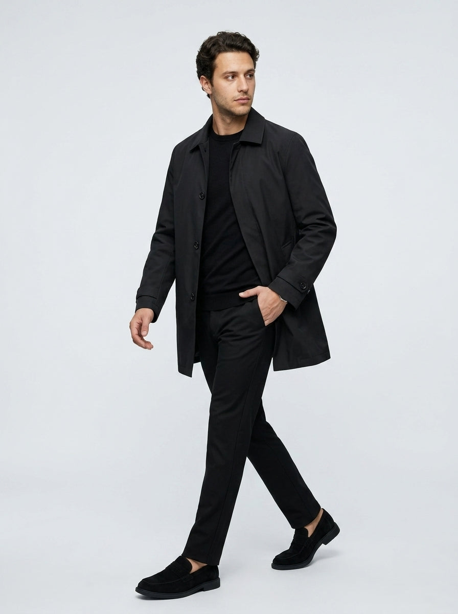 Men's Flat Collar Button Through Mid Length Trench Coat