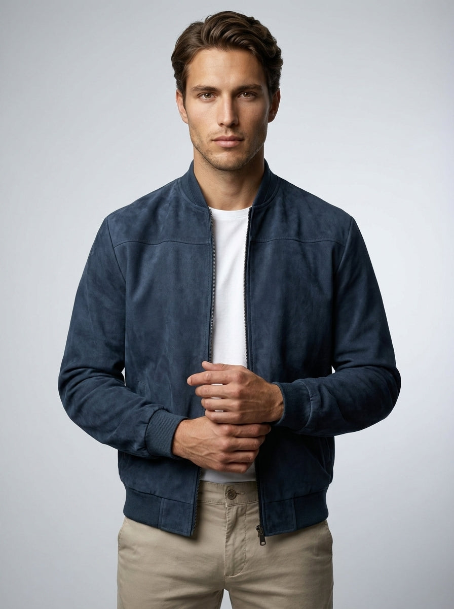 Men's Ribbed Collar Zip Bomber Jacket