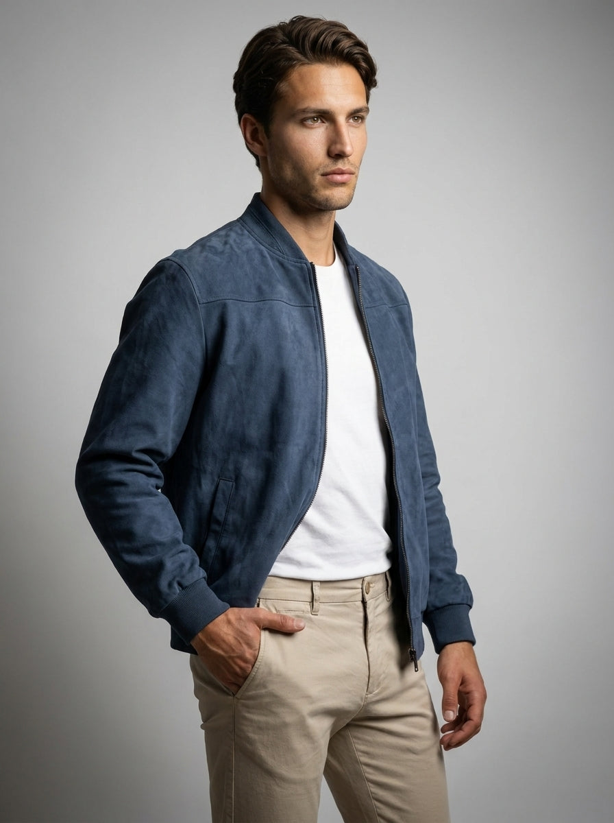 Men's Ribbed Collar Zip Bomber Jacket