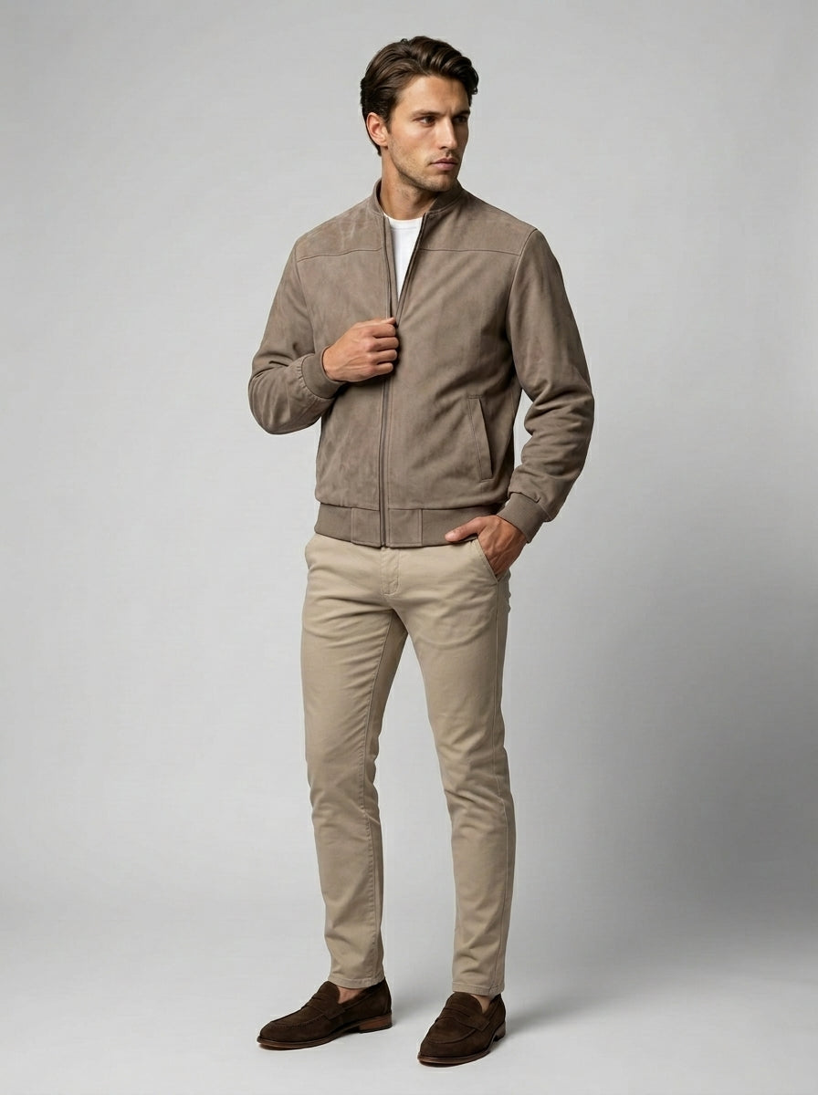 Men's Ribbed Collar Zip Bomber Jacket
