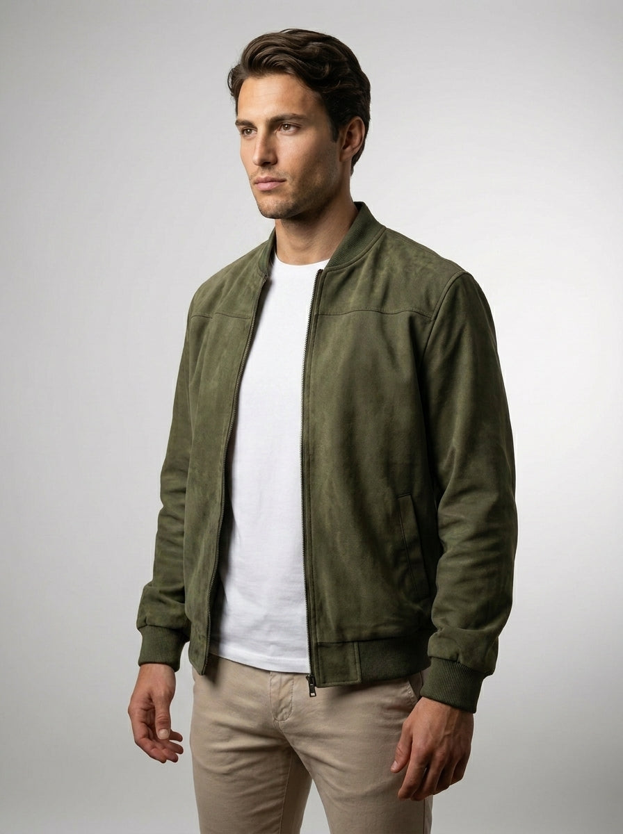 Men's Ribbed Collar Zip Bomber Jacket