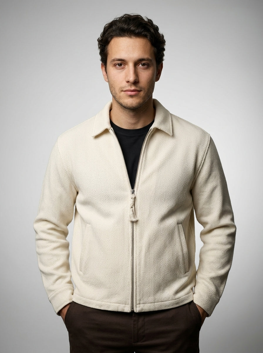 Men's Waffle Knit Point Collar Zip Up Jacket