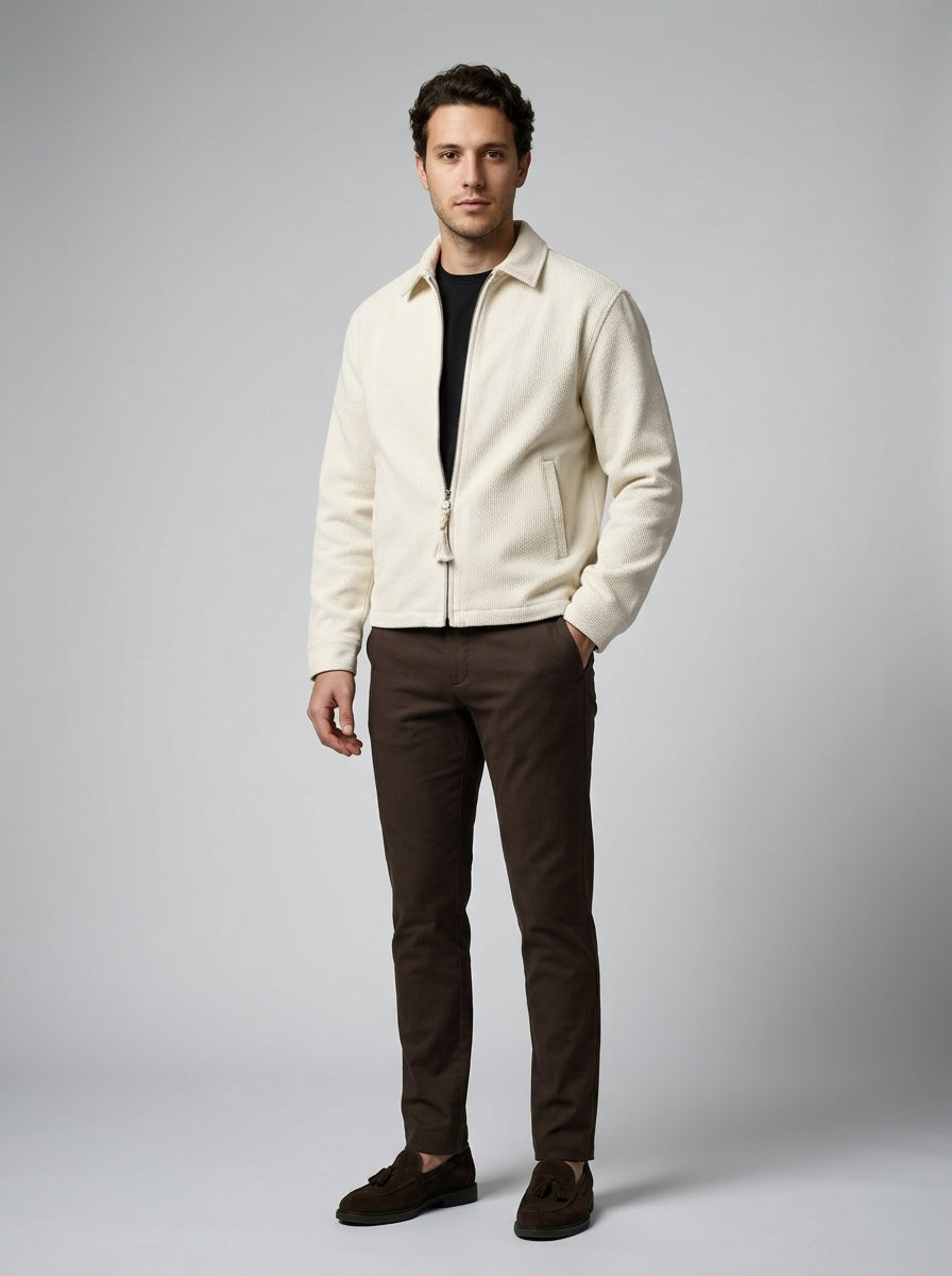 Men's Waffle Knit Point Collar Zip Up Jacket