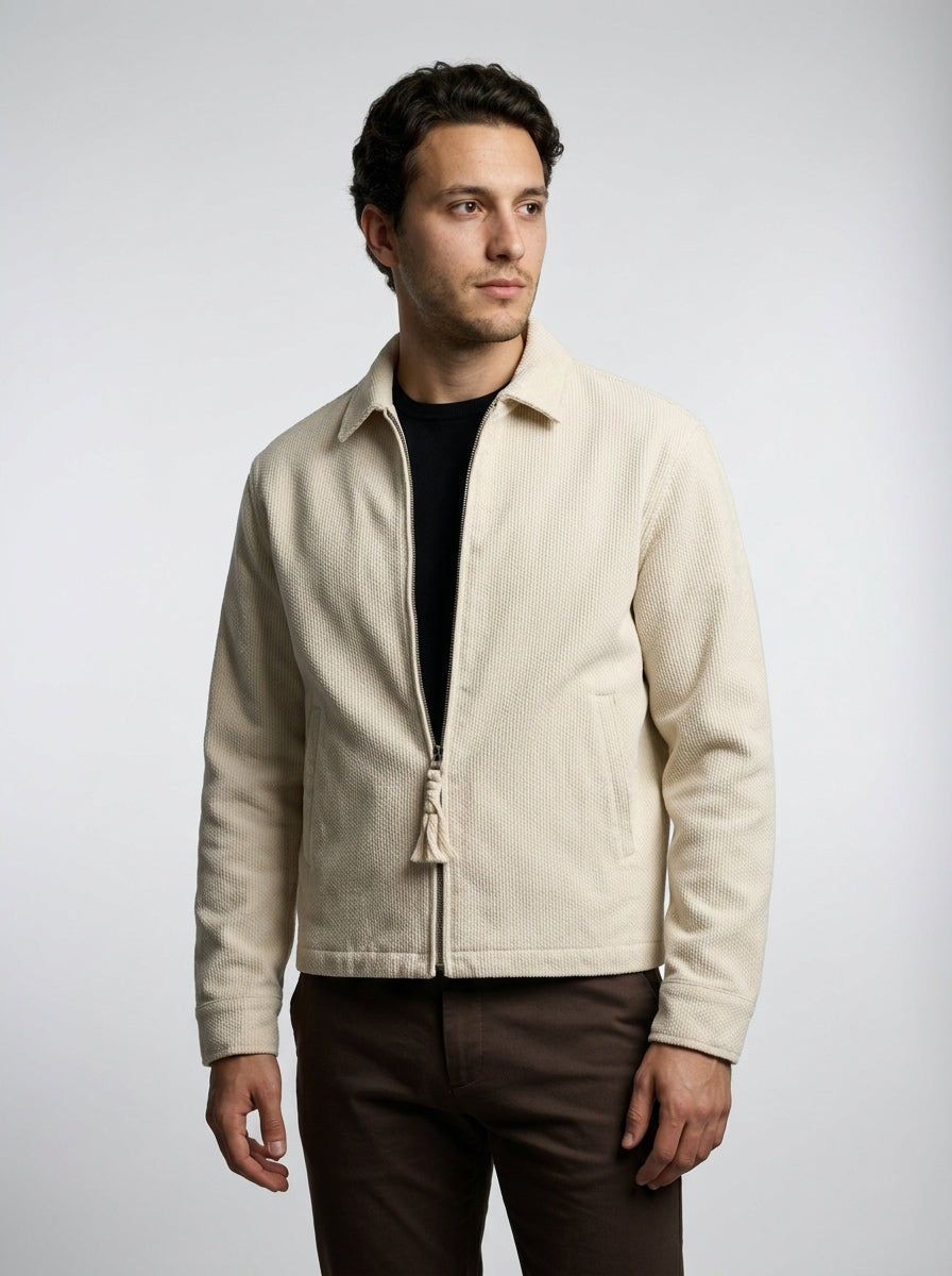 Men's Waffle Knit Point Collar Zip Up Jacket