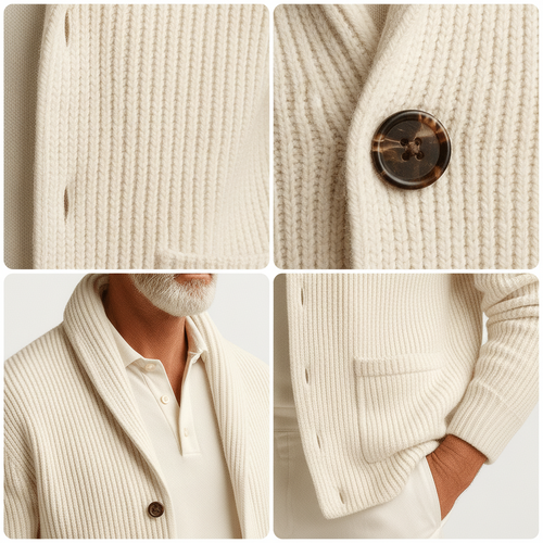 Men's Elegant Beige Shawl Collar Knit Cardigan