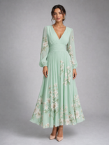 Colombe Floral Midi Dress | Women's V-Neck Long-Sleeve A-Line Dress in Green