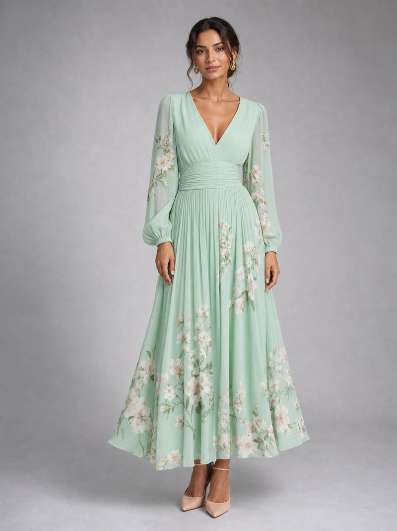Colombe Floral Midi Dress | Women's V-Neck Long-Sleeve A-Line Dress