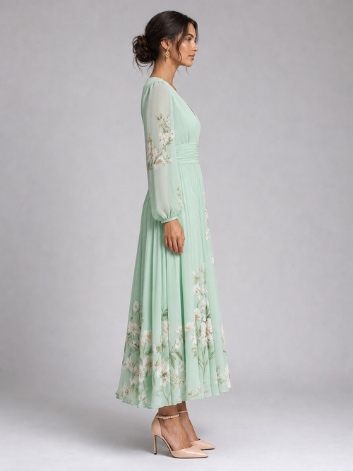 Colombe Floral Midi Dress | Women's V-Neck Long-Sleeve A-Line Dress