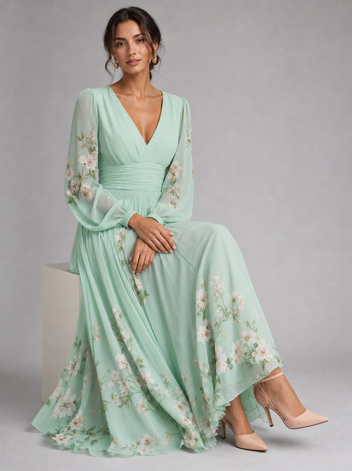 Colombe Floral Midi Dress | Women's V-Neck Long-Sleeve A-Line Dress