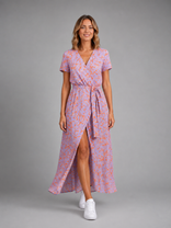 Yasmine Floral Wrap Midi Dress | Women's V-Neck Summer Dress in Light Pink