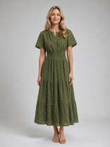 Posy Eyelet Midi Dress | Women's A-Line Tiered Summer Dress in Green