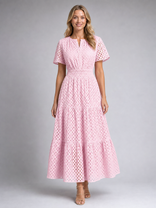 Posy Eyelet Midi Dress | Women's A-Line Tiered Summer Dress in Pink