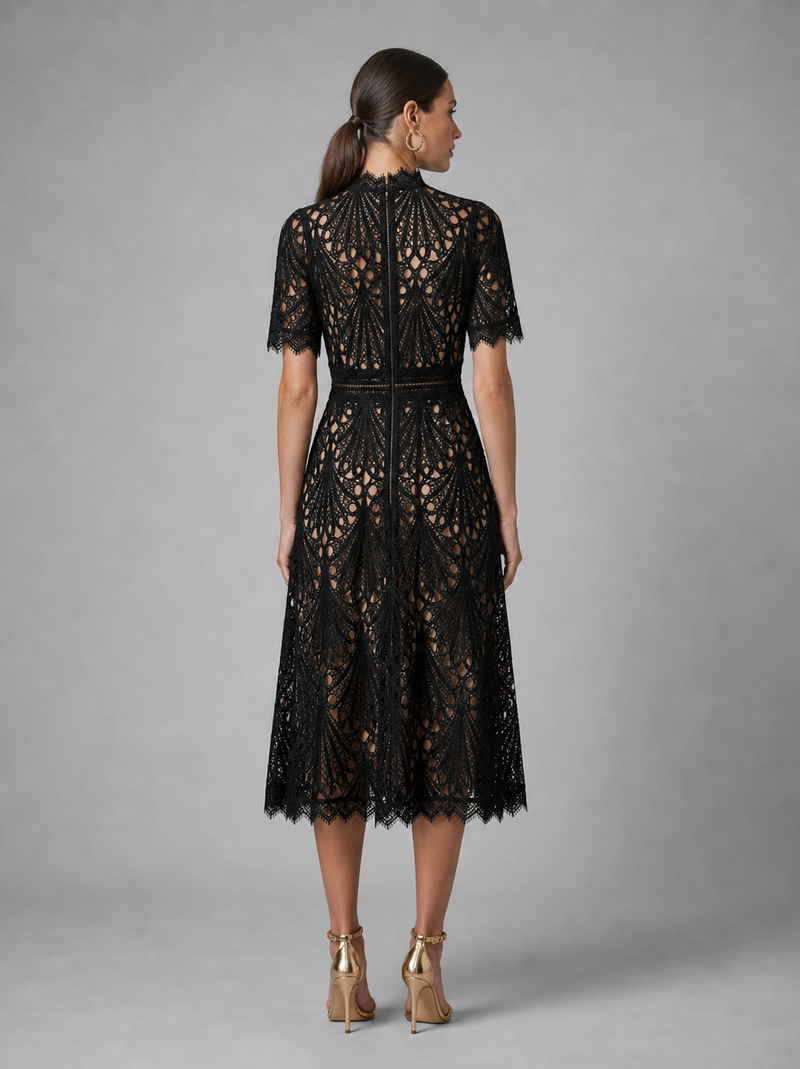 Genevieve Lace Midi Dress | Women's High-Neck A-Line Occasion Dress