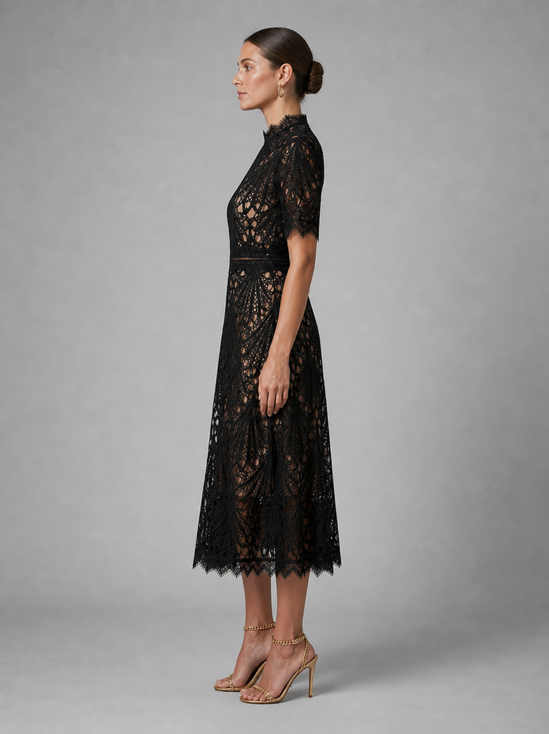 Genevieve Lace Midi Dress | Women's High-Neck A-Line Occasion Dress