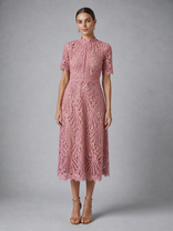 Genevieve Lace Midi Dress | Women's High-Neck A-Line Occasion Dress in Pink