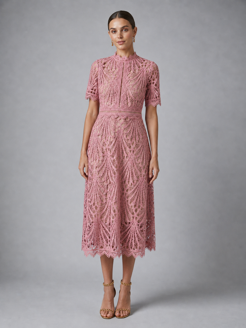 Genevieve Lace Midi Dress | Women's High-Neck A-Line Occasion Dress