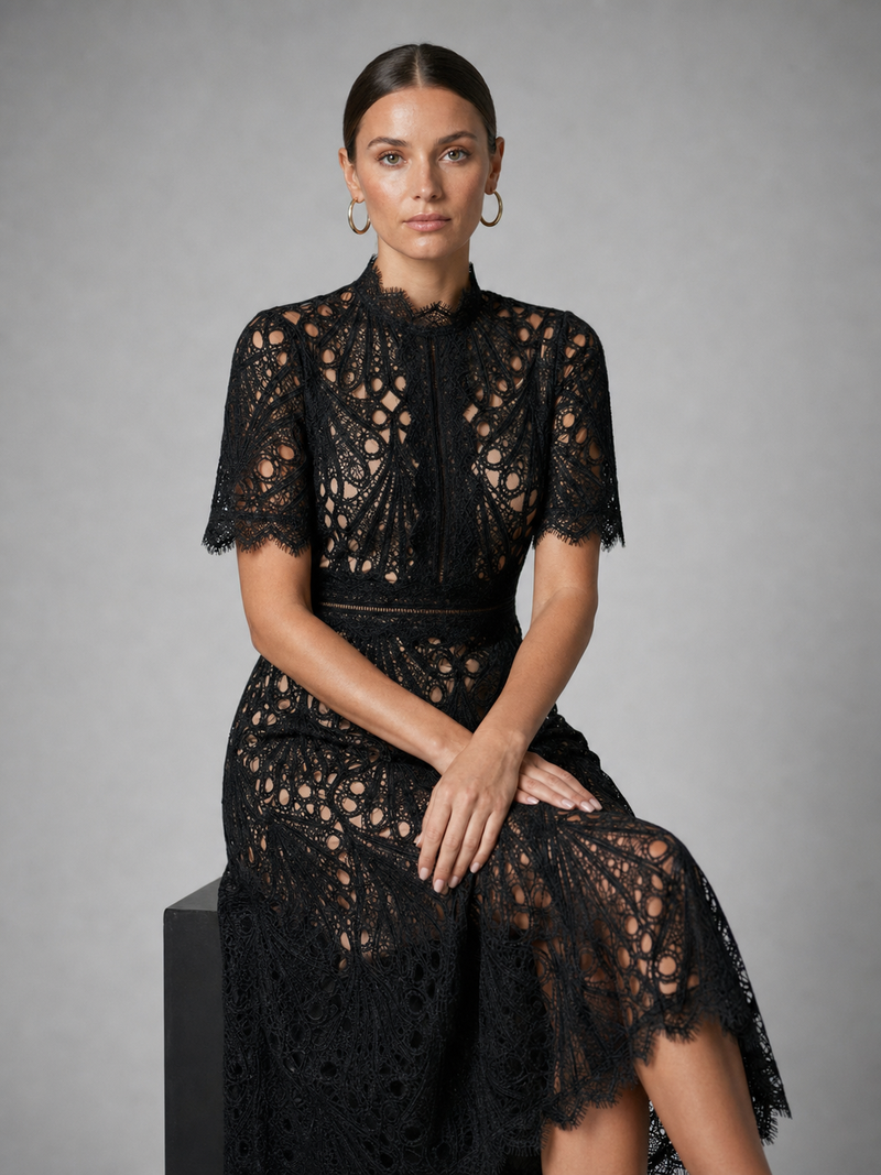 Genevieve Lace Midi Dress | Women's High-Neck A-Line Occasion Dress
