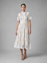 Genevieve Lace Midi Dress | Women's High-Neck A-Line Occasion Dress in White