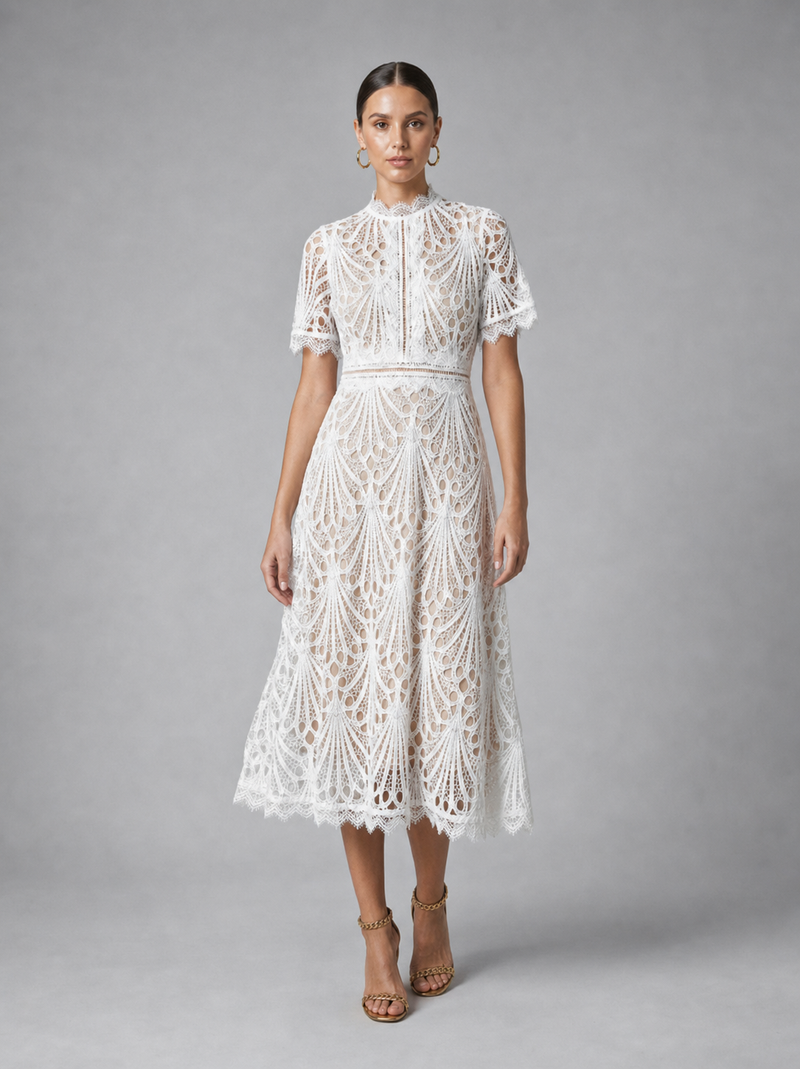 Genevieve Lace Midi Dress | Women's High-Neck A-Line Occasion Dress
