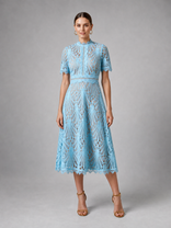 Genevieve Lace Midi Dress | Women's High-Neck A-Line Occasion Dress in Light Blue