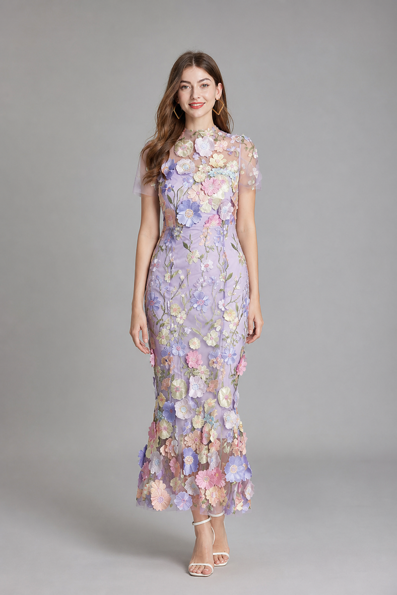 Beatrix Floral Appliqué Midi Dress | Women's Wedding-Guest Dress