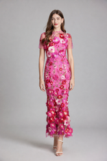 Beatrix Floral Appliqué Midi Dress | Women's Wedding-Guest Dress in Pink