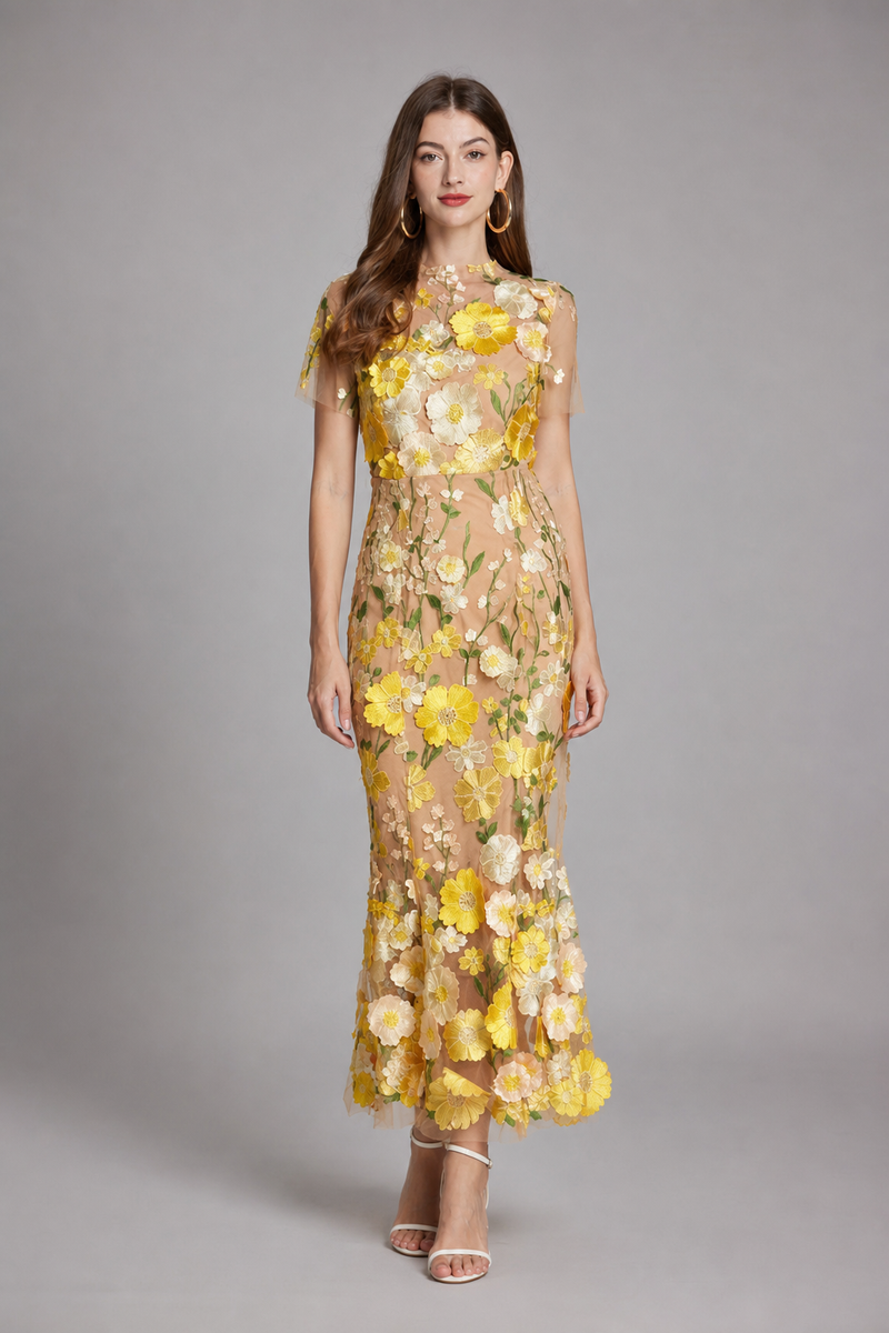Beatrix Floral Appliqué Midi Dress | Women's Wedding-Guest Dress