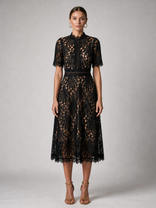 Genevieve Lace Midi Dress | Women's High-Neck A-Line Occasion Dress in Black