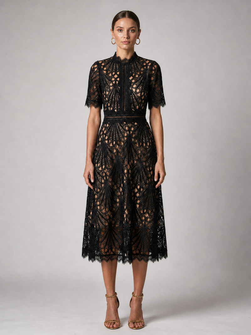 Genevieve Lace Midi Dress | Women's High-Neck A-Line Occasion Dress